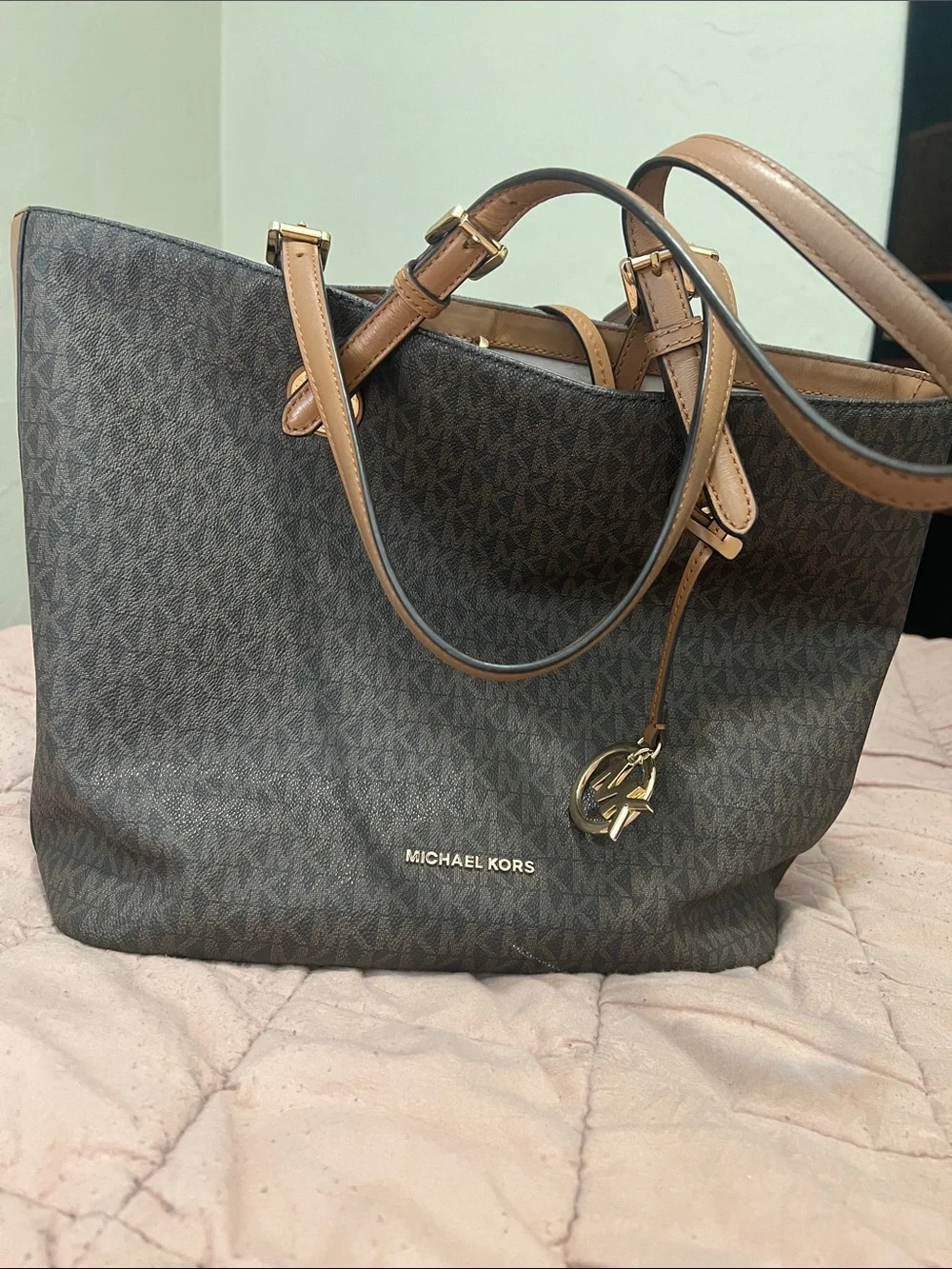 Michael Kors Brown Monogram Tote with Tan Leather Handles